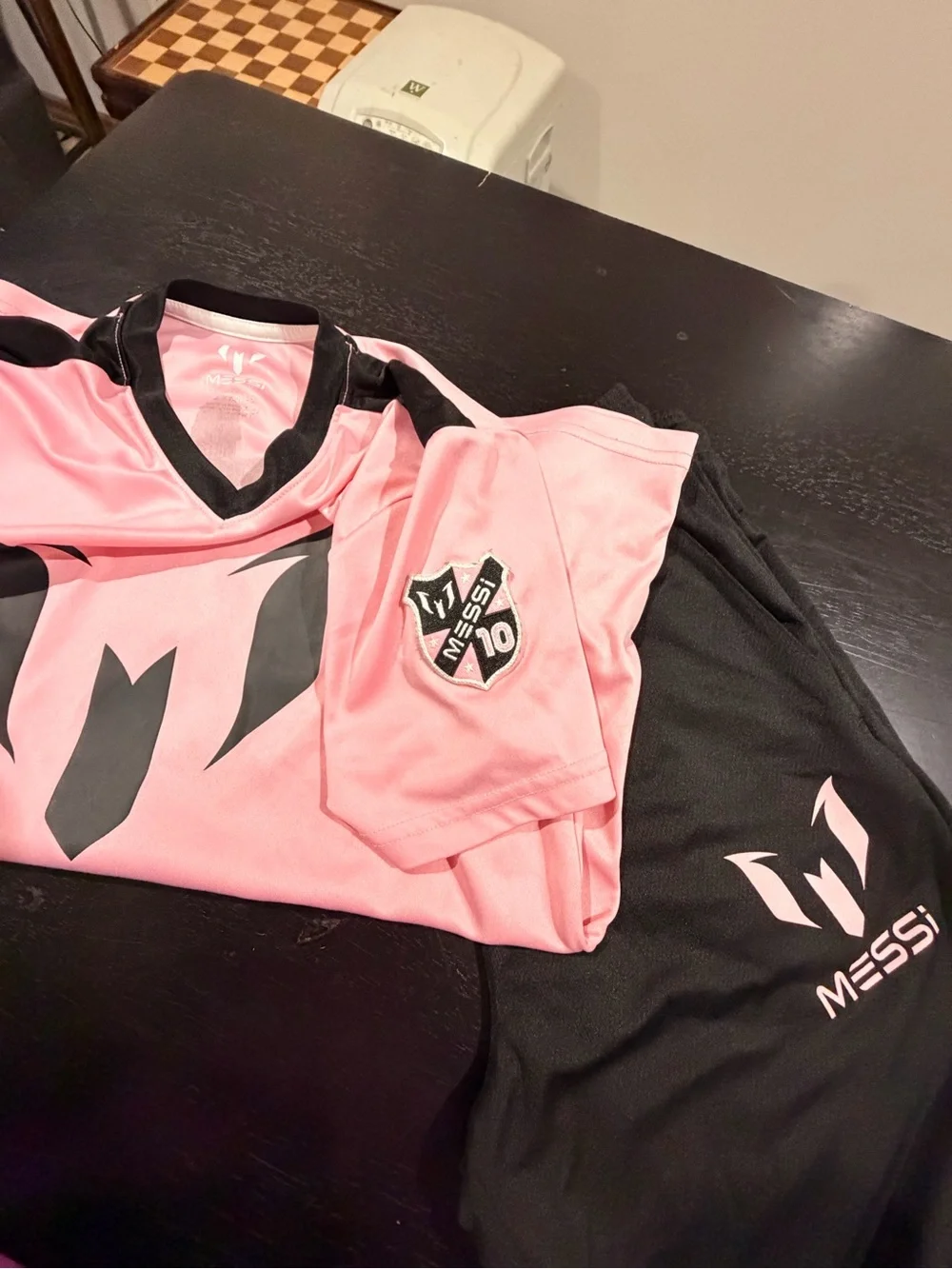 Old Navy Pink and Black Messi Logo Short Sleeve Jersey and black joggers